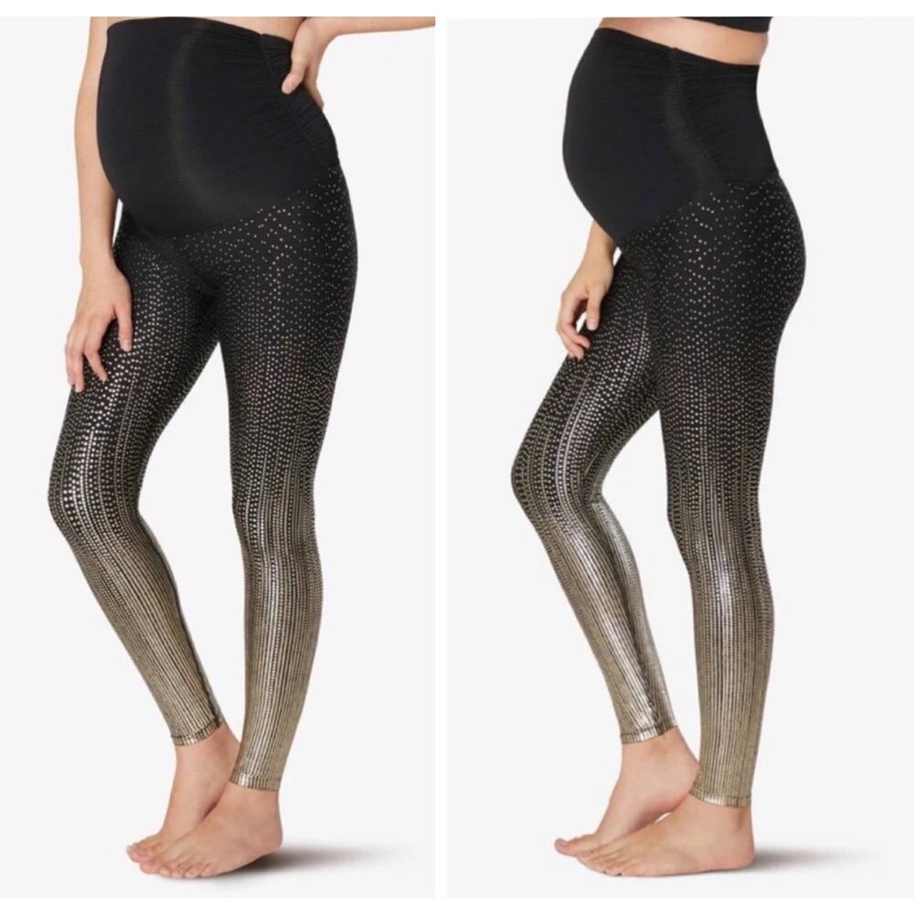 Beyond Yoga Size L Maternity Leggings Black Gold Metallic Print Beyond The Bump
